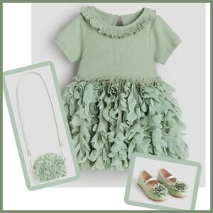 H & M Toddler 3Pc Mint Green Ruffly Dress, Shoes and Purse- Sz3T- Shoes- 7.5